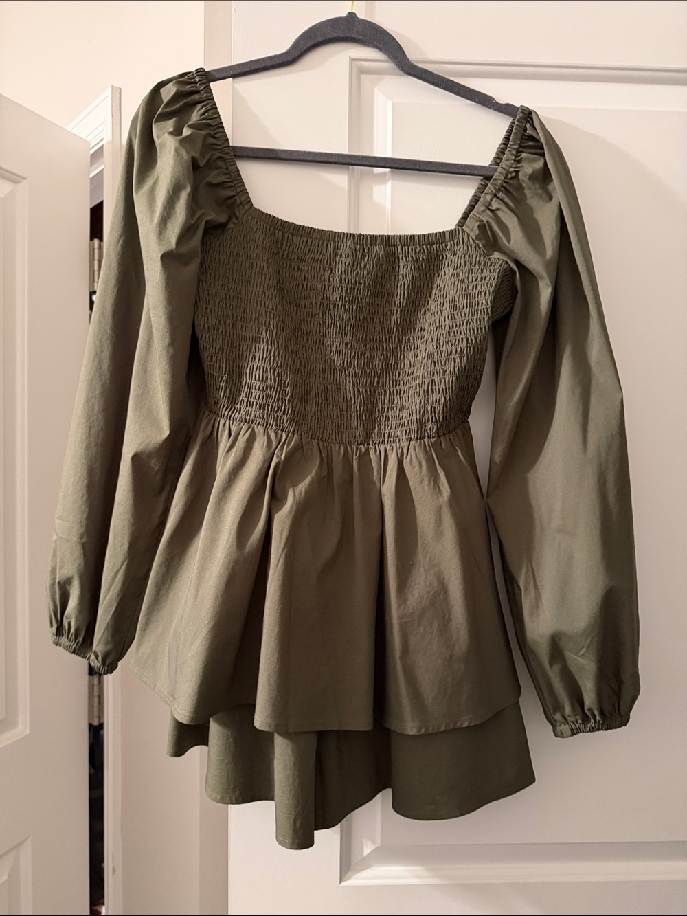 Olive Green Smocked Peplum Blouse - Women Tops